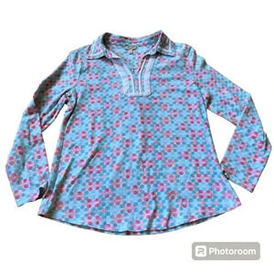TALBOTS Blouse Cotton Blend Pink Blue Dot Design V Neck Collar Sz Petite Medium